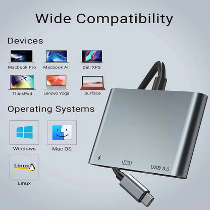9eight5 USB 3.1-C Type-C to hub adapter connected to a laptop, showcasing multiple ports for expanding connectivity.