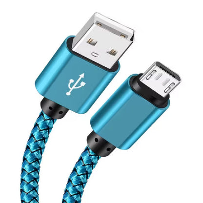Blue 2m Micro USB charger cable for Samsung phones and tablets, Type B, by 9eight5, showing the cable and connector ends.