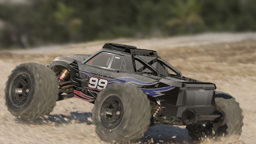 Red and black 4WD electric high-speed RC Truggy off-road vehicle model, 1:10 scale, designed for fast outdoor racing.