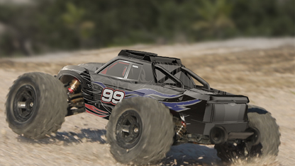 Red and black 4WD electric high-speed RC Truggy off-road vehicle model, 1:10 scale, designed for fast outdoor racing.