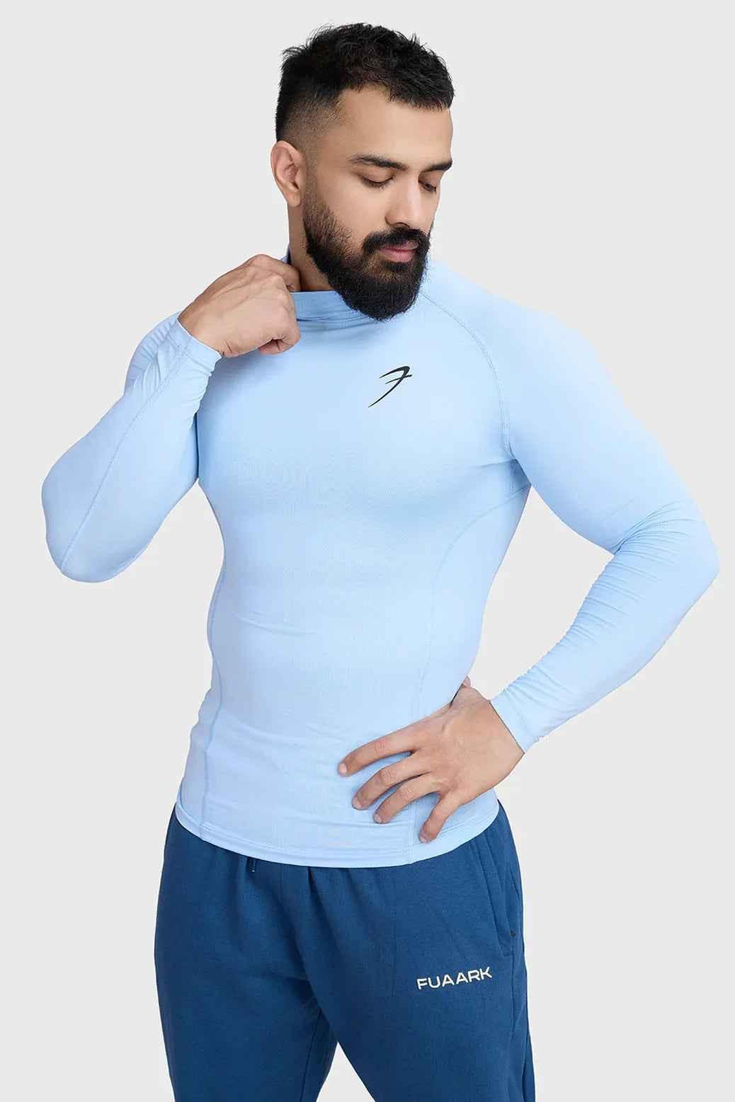 High Neck Compression Full Sleeves T-shirt Glacial Blue