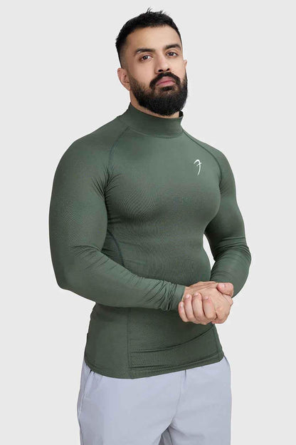 High Neck Compression Full Sleeves T-shirt Olive