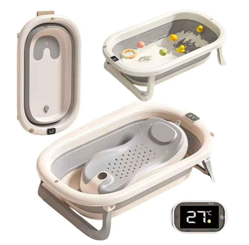 Foldable Baby Bath with Digital Thermometer & Newborn Support Rack - GREY