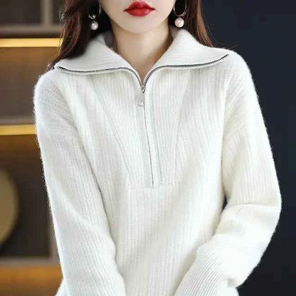 Women's 100% Merino Wool Thick Turtleneck Sweater - Zipper Front, Loose Fit | Winter Warmth