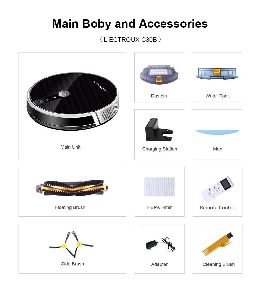 LIECTROUX LILIN C30B robot vacuum cleaner with circular design and sleek finish, suitable for hardwood and carpet cleaning.