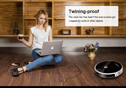 LIECTROUX LILIN C30B robot vacuum cleaner navigating a home floor, designed for cleaning carpets and hard surfaces.