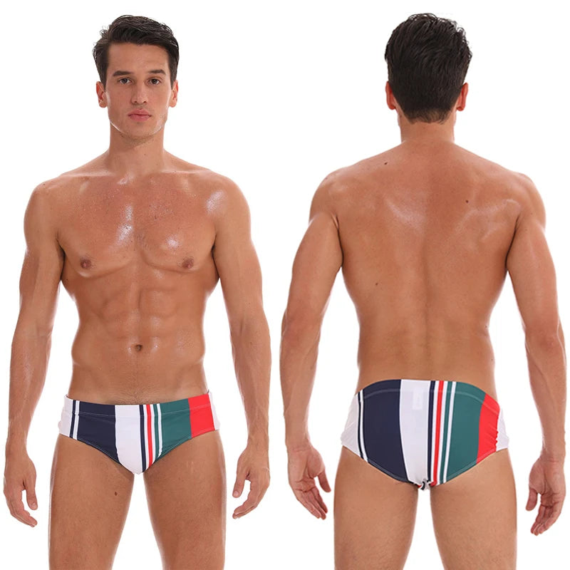 Men's low waist swim briefs in navy blue from ShopHub NZ, made for comfortable swimming and beachwear.