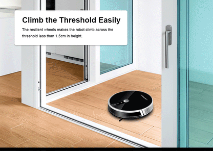 LIECTROUX LILIN C30B robot vacuum cleaner navigating hardwood floor with dustbin and sensors visible.