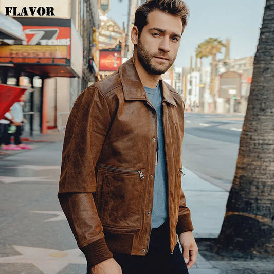 FLAVOR Men's Brown Pigskin Leather Aviator Jacket