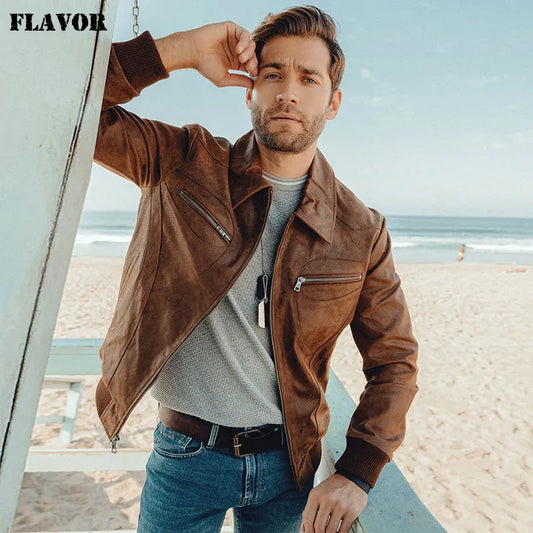 FLAVOR Men's Brown Pigskin Leather Turn-Down Collar Jacket