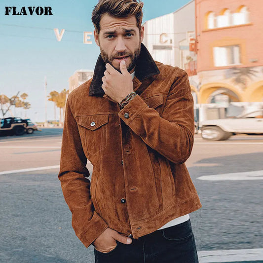 FLAVOR Men's Khaki Pigskin Leather Casual Jacket