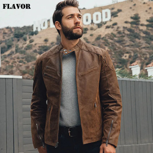 FLAVOR Men's Brown Pigskin Leather Stand-Collar Jacket