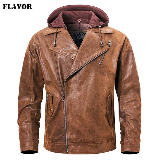 FLAVOR Men's Pigskin Leather Jacket with Removable Hood