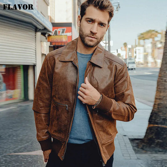 FLAVOR Men's Brown Pigskin Leather Aviator Jacket