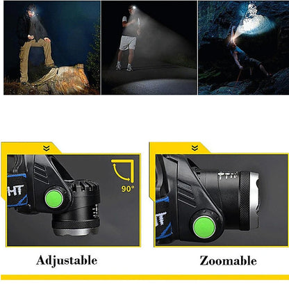 Waterproof rechargeable headlamp with 1600 lumens and adjustable focus, designed for outdoor activities by dealonline.co.nz.
