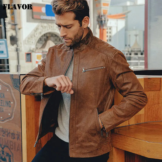 FLAVOR Men's Brown Leather Jacket – Stand-Collar Style