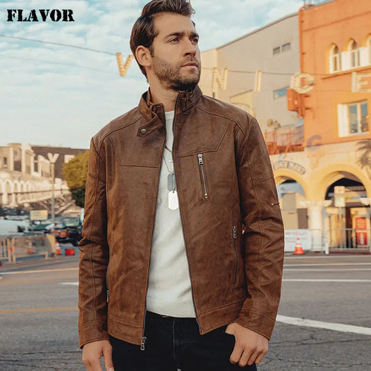 FLAVOR Men's Vintage Brown Pigskin Leather Jacket