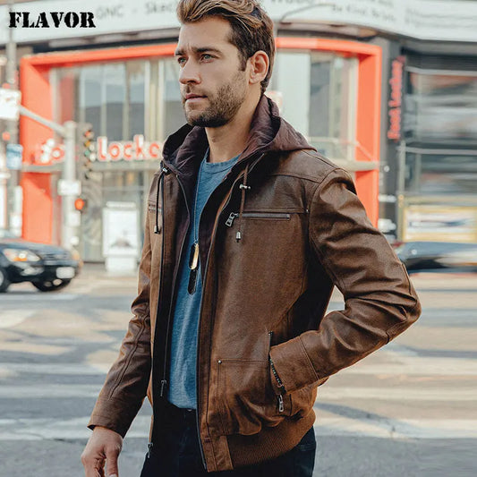 FLAVOR Men's Brown Pigskin Leather Jacket with Removable Hood