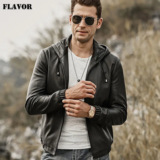 FLAVOR Men's Slim-Fit Black Hooded Leather Jacket