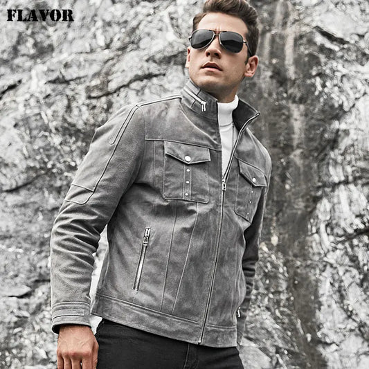 FLAVOR Men's Grey Slim-Fit Pigskin Leather Jacket