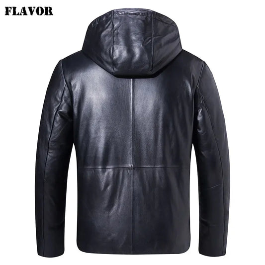 FLAVOR Men's Hooded Sheepskin Leather Winter Jacket