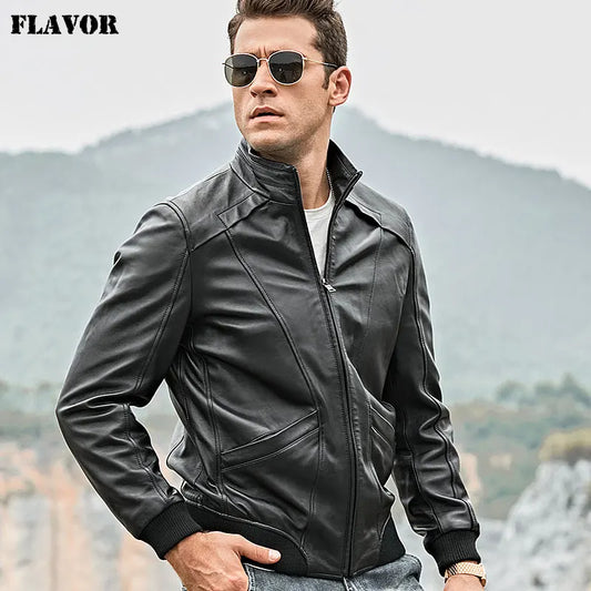 FLAVOR Men's Sheepskin Leather Stand Collar Jacket