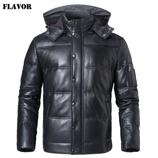 FLAVOR Men's Sheepskin Leather Jacket with Removable Hood