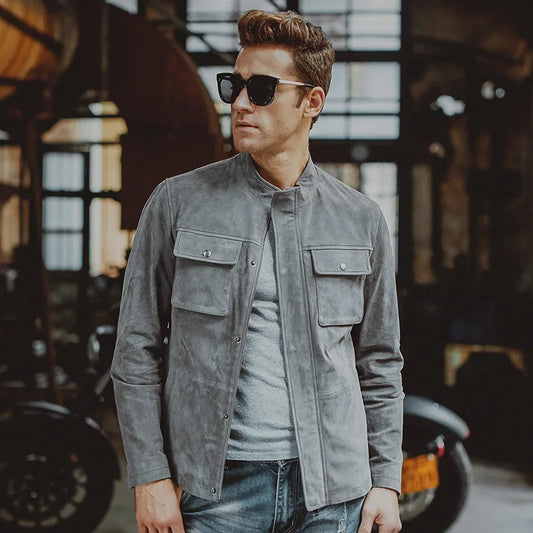 FLAVOR Men's Grey Leather Moto-Style Jacket
