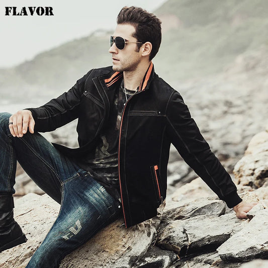FLAVOR Men's Pigskin Leather Stand-Collar Winter Jacket