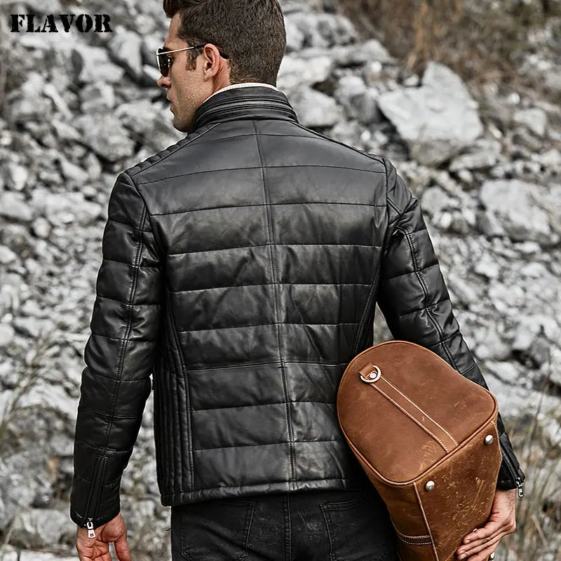 FLAVOR Men's Stand-Collar Sheepskin Leather Jacket