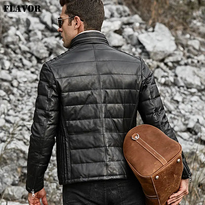 FLAVOR Men's Stand-Collar Sheepskin Leather Jacket