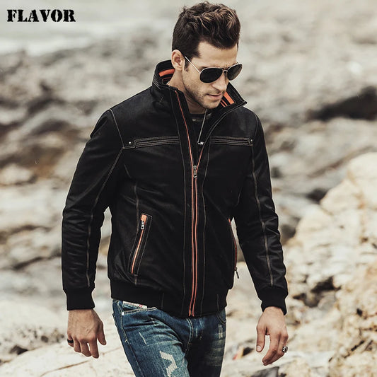 FLAVOR Men's Pigskin Leather Stand-Collar Winter Jacket