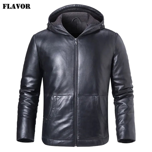 FLAVOR Men's Hooded Sheepskin Leather Winter Jacket