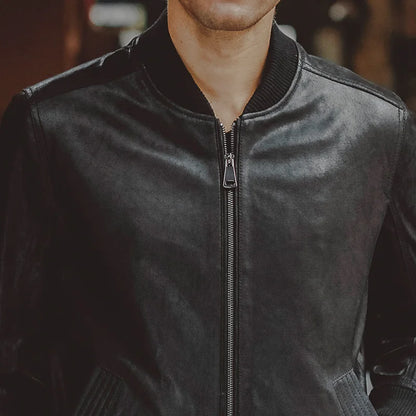 FLAVOR Men's Black Pigskin Leather Moto-Style Jacket