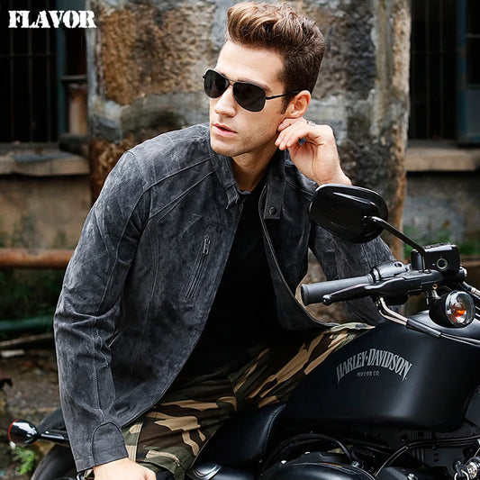 FLAVOR Men's Grey Pigskin Leather Stand-Collar Jacket