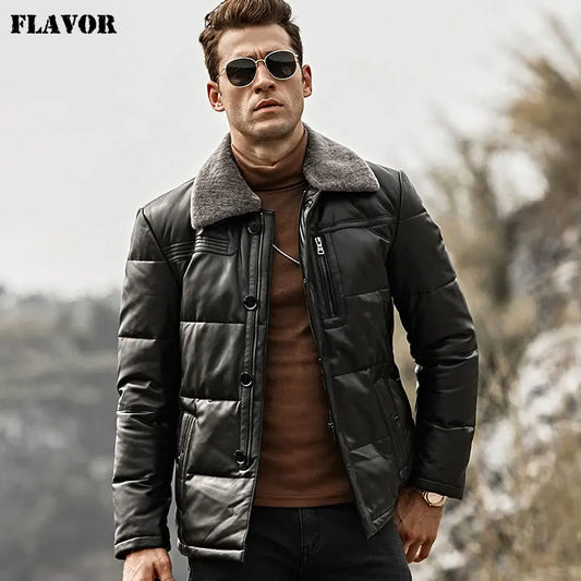 FLAVOR Men's Black Sheepskin Leather Winter Jacket