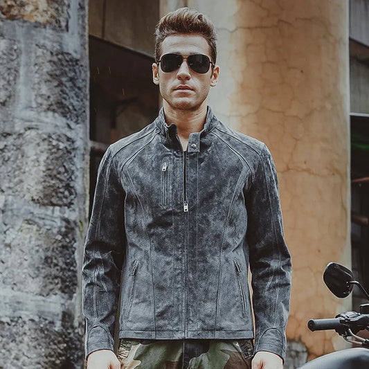 FLAVOR Men's Grey Pigskin Leather Stand-Collar Jacket