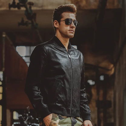 FLAVOR Men's Black Pigskin Leather Moto-Style Jacket