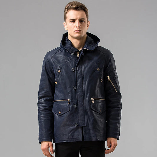 FLAVOR Men's Blue Hooded Pigskin Leather Jacket