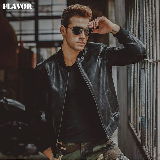 FLAVOR Men's Black Pigskin Leather Moto-Style Jacket