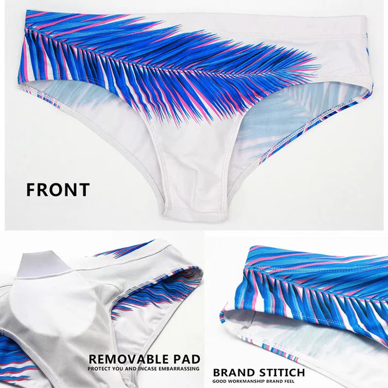 Men's low waist swim briefs with a bold print, designed for men’s swimwear by ShopHub NZ, featuring a vibrant and stylish pattern.