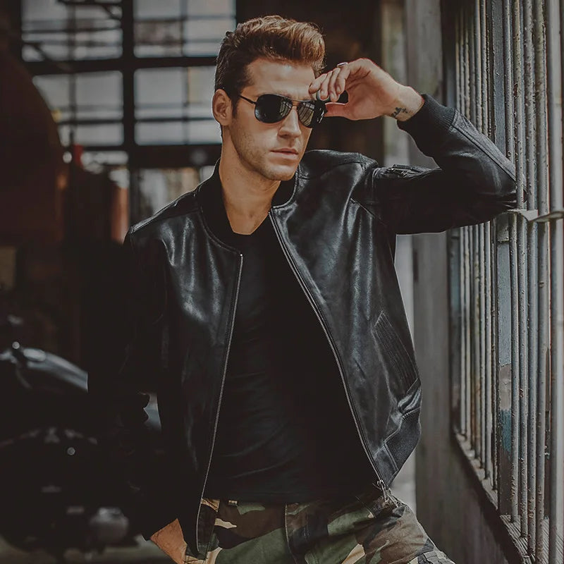 FLAVOR Men's Black Pigskin Leather Moto-Style Jacket