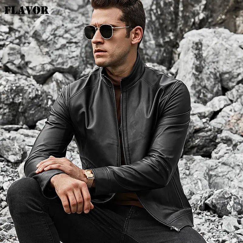 FLAVOR Men's Slim-Fit Sheepskin Leather Jacket – Nightfall