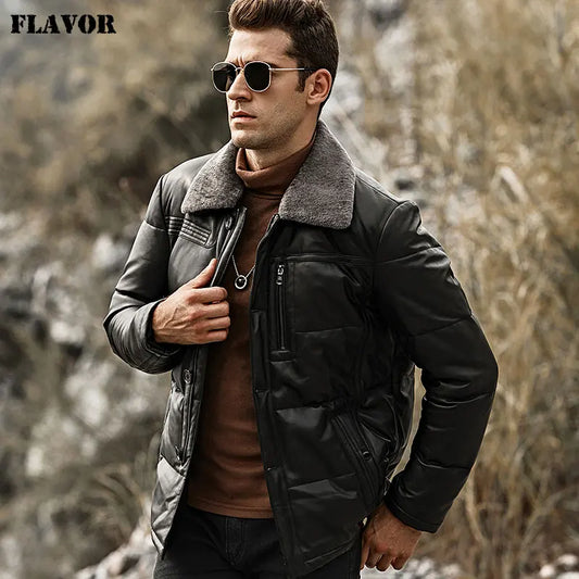 FLAVOR Men's Black Sheepskin Leather Winter Jacket