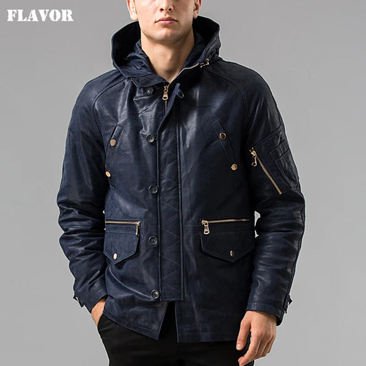 FLAVOR Men's Blue Hooded Pigskin Leather Jacket