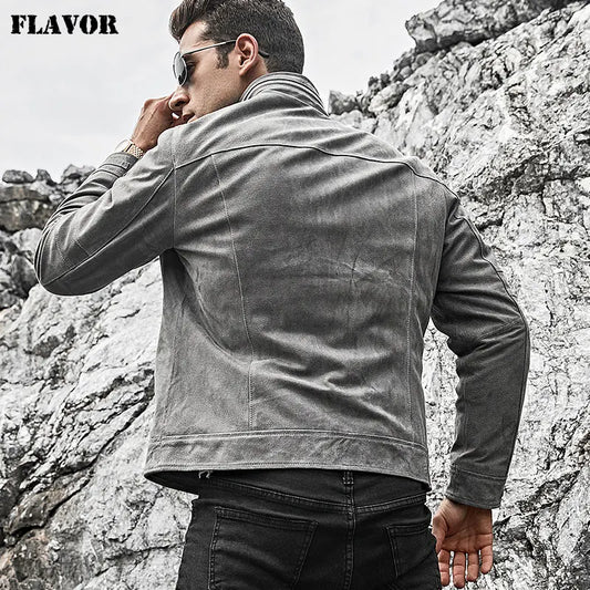 FLAVOR Men's Grey Slim-Fit Pigskin Leather Jacket