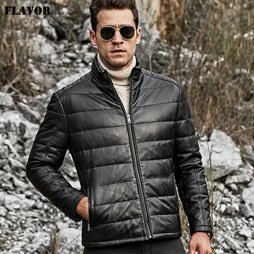 FLAVOR Men's Stand-Collar Sheepskin Leather Jacket