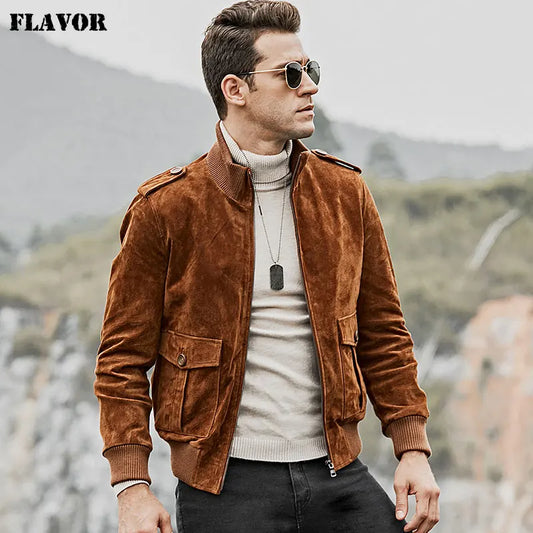 FLAVOR Men's Brown Pigskin Leather Moto-Style Jacket