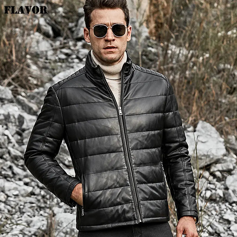 FLAVOR Men's Stand-Collar Sheepskin Leather Jacket