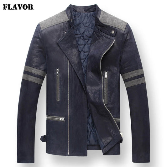 FLAVOR Men's Blue Geometric Pigskin Leather Jacket